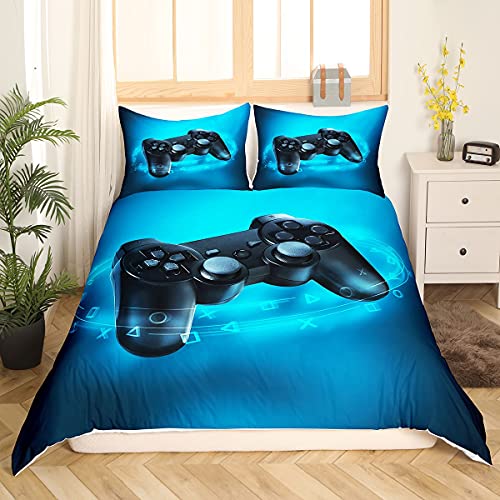 Juegos de cama para niños, juego de cama de 135 x 200 cm, funda nórdica moderna para jóvenes, jóvenes, niñas, jugadores, joystick, decoración para dormitorio, color azul