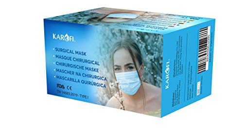 KAROFI - Mascarillas Quirúrgicas Tipo I Medico, probadas y aprobadas, BFE ≥ 95%, 3 Capas, certificadas CE EN14683:2019, Caja 50 Unidades
