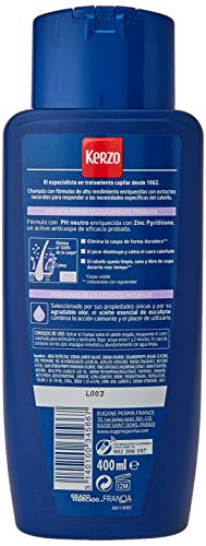 Kerzo - Champú Stop Caspa - Antipicores - Elimina el 100% de la Caspa y Calma el Cuero Cabelludo, con Aceite Esencial de Eucalipto, Blanco, 1200 Mililitros, Pack de 3