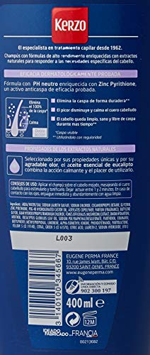 Kerzo - Champú Stop Caspa - Antipicores - Elimina el 100% de la Caspa y Calma el Cuero Cabelludo, con Aceite Esencial de Eucalipto, Blanco, 1200 Mililitros, Pack de 3