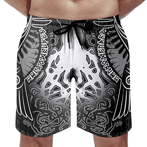 kikomia Bañador para hombre, diseño vikingo, alas de cuervo, árbol de la vida, con bolsillos, forro de malla, color blanco, 5, 5XL