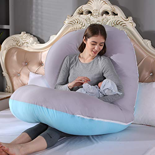 KINGSON Almohada Embarazada Dormir en Forma de C,Multifuncional Embarazo Almohada de Cuerpo Completo Mejorar Sueño con Funda Extraíble y Lavable (C Forma-Azul&Gris)