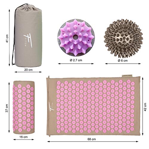 Kit de acupresión Fitem - Esterilla de acupresión + Cojín de acupresión + Bolsa + Bola de masaje - Alivia dolores de Espalda y Cuello - Ciática - Masaje de espalda - Relajación muscular