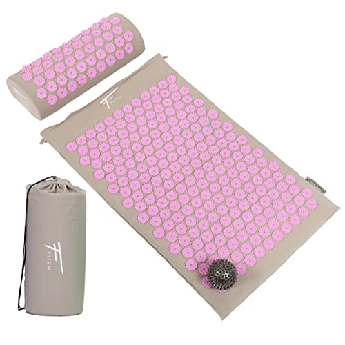 Kit de acupresión Fitem - Esterilla de acupresión + Cojín de acupresión + Bolsa + Bola de masaje - Alivia dolores de Espalda y Cuello - Ciática - Masaje de espalda - Relajación muscular