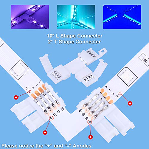 Kit de Conector de Tira de LED,Kits de Conectores de Tiras LED sin Soldadura para 4 Pines 10 mm 5050 RGB con Cable Divisor de 2 Vías,Cable de Extensión de 2 M,Conector de Forma de T y L