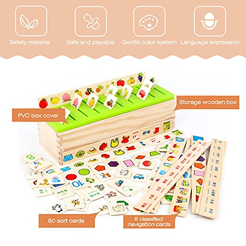 Komake Caja de Clasificación Juguetes,Juguete Educativo para Niños,Montessori Juguetes de Madera Juego para Desarrollar Inteligencia de Niños,8 Categorías,8 Tiras y 80 Tarjetas de Clasificación
