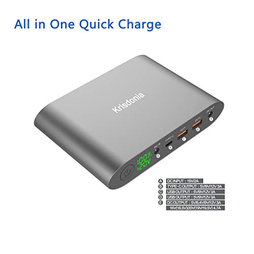 Krisdonia 25000mah Power Bank Batería Externa Cargador Portátil con Doble USB(Quick Charge 3.0)+DC Salida+Typo c Salida - Universal Power Pack Compatible para Laptops, Macbook, Smartphone y Tablet