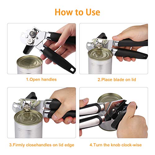 KZGRIT Abrelatas Manual, Acero Inoxidable, Borde Liso, Abridor de Latas Abrebotellas Profesional con Mango Antideslizante y Perilla de Torneado Ergonómica para Ancianos con Artritis(Negro)