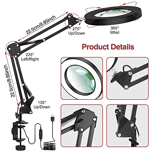 Lámpara de aumento LED con abrazadera, NEWACALOX 5X lámparas de lupa iluminadas de 3 colores Super Bright regulables, lámpara de brazo giratorio ajustable para mesa de trabajo