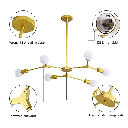 Lámpara de Techo Vintage Lampara Sputnik Dorada con 6 Luces de Brazo Giratorio, Lámpara de Araña de Techo Adecuado para Dormitorio, Pasillo, Sala de Estar, Bar (Bombillas no Incluidas)