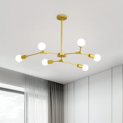 Lámpara de Techo Vintage Lampara Sputnik Dorada con 6 Luces de Brazo Giratorio, Lámpara de Araña de Techo Adecuado para Dormitorio, Pasillo, Sala de Estar, Bar (Bombillas no Incluidas)
