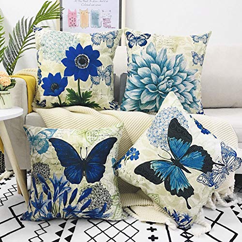 LAXEUYO Juego de 4 Cojin Fundas 45x45 cm, Mariposa Flor Azul Algodón Lino Decorativa Hogar Almohadas Fundas para Sofá Cama Decoración para Hogar