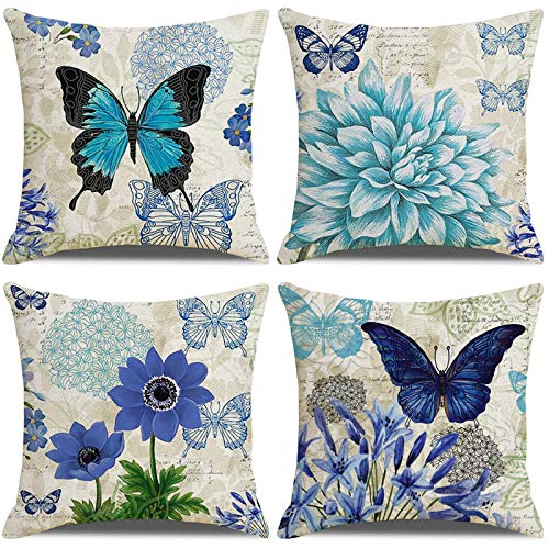 LAXEUYO Juego de 4 Cojin Fundas 45x45 cm, Mariposa Flor Azul Algodón Lino Decorativa Hogar Almohadas Fundas para Sofá Cama Decoración para Hogar