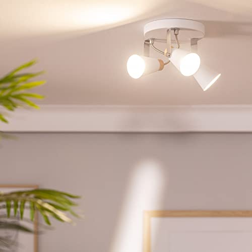 LEDKIA LIGHTING Lámpara de Techo Circular Orientable de Metal y Madera Mara 3 Focos 180x205 mm Blanco GU10 Madera - Acero Decoración Salón, Habitación, Dormitorio