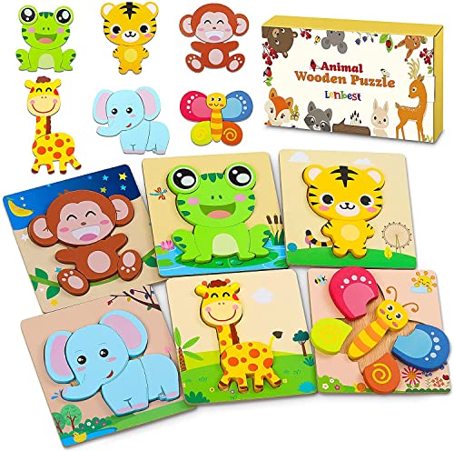 lenbest 6 Piezas 3D Rompecabezas de Madera Animales para Niños, Puzzle de Madera con Fondo Apilable Colorido, Juguetes Montessori de Madera, No Tóxicos, Regalo de Cumpleaños/Navidad para Bebés/Niños
