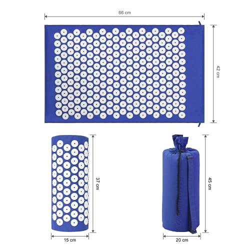 Leogreen - Alfombra de Acupuntura y Juego de Almohadas, Estera Set de Masaje, Azul, con bolsa y almohada, Estándar/Certificación: ROHS, Numero de clavos: 230 piezas en la estera