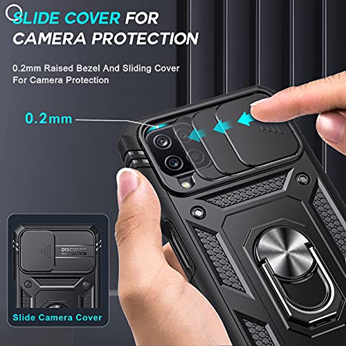 LeYi Funda para Samsung Galaxy A12 / M12 / A12 Nacho con [2-Unidades] Cristal Vidrio Templado,Armor Carcasa Cubierta de cámara Deslizante Proteger con 360 Anillo Soporte PC y Silicona TPU Case,Negro