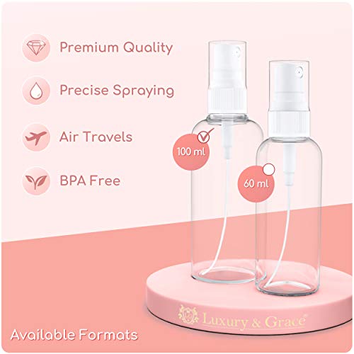 LG Luxury & Grace Pack 11 Botellas de Spray, 100 ml. Botes Pulverizadores de Polietileno Transparente. Botellas Rellenables para Viajes. Envases Atomizadores para Perfumes y Cosméticos.