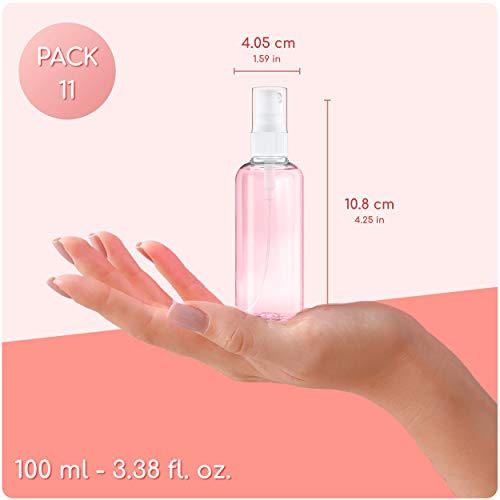 LG Luxury & Grace Pack 11 Botellas de Spray, 100 ml. Botes Pulverizadores de Polietileno Transparente. Botellas Rellenables para Viajes. Envases Atomizadores para Perfumes y Cosméticos.