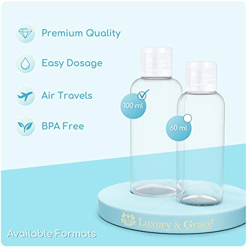 LG Luxury & Grace Pack 11 Botellas Flip-Top, 100 ml. Botes de Polietileno Transparente con Tapa de Cierre. Botellas Rellenables para Viajes, Higiene Personal y Aceites Esenciales.