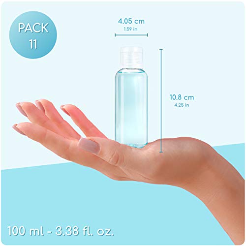 LG Luxury & Grace Pack 11 Botellas Flip-Top, 100 ml. Botes de Polietileno Transparente con Tapa de Cierre. Botellas Rellenables para Viajes, Higiene Personal y Aceites Esenciales.