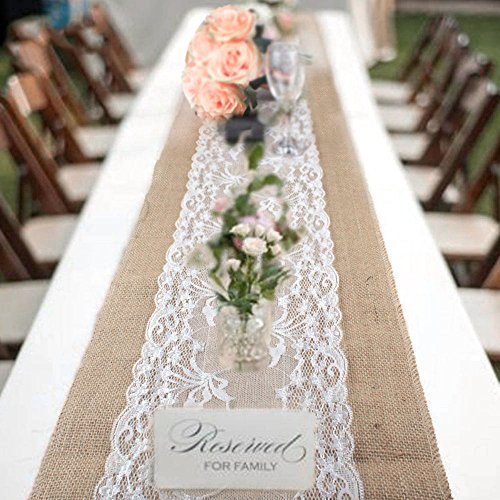 Littlegrasseu 30*275CM Camino de Mesa Burlap Yute Rústico de Encaje de Arpillera Natural para Boda Fiestas Eventos Decoración de Mesa
