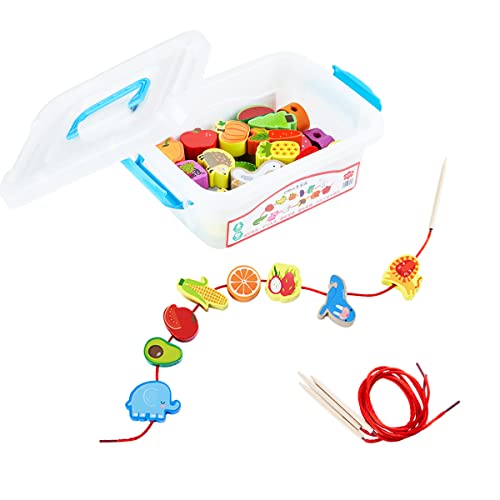 Locisne 42 piezas+4 Hilos de algodón Cuentas de Madera Juguete de enhebrar, cuentas de cordones educativos con Animales Frutas verduras, Regalo de juguetes populares Montessori, para niños de 2+ años
