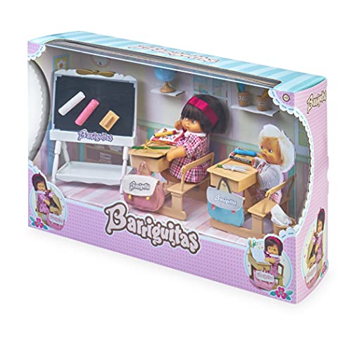 los Barriguitas - Escuela, Juguete Cole clásicas, Incluye 2 escritorios o pupitres, una Pizarra y tizas, muñeca bebé de Siempre y Accesorios como Cuadernos y lápices, Famosa (700016656)