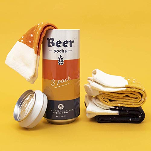 Luckies of London Calcetines de cerveza para hombre, calcetines divertidos para hombres, 3 pares de calcetines Crazy en lata de cerveza, naranja Ale, Stout y Langer