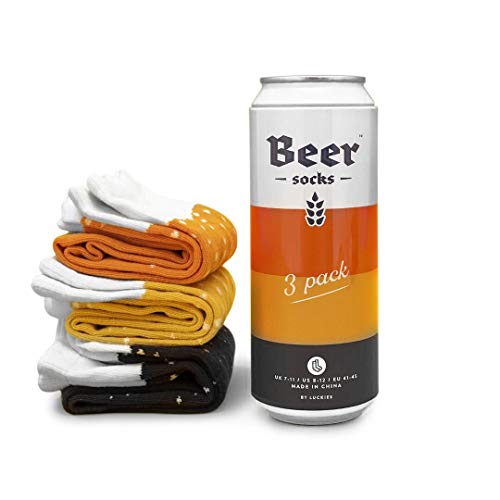 Luckies of London Calcetines de cerveza para hombre, calcetines divertidos para hombres, 3 pares de calcetines Crazy en lata de cerveza, naranja Ale, Stout y Langer
