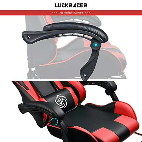 LUCKRACER Silla Gaming Escritorio con Reposapiés Oficina Cojín Lumbar para Masaje Reposabrazos de Carreras Respaldo Alto de Cuero PU
