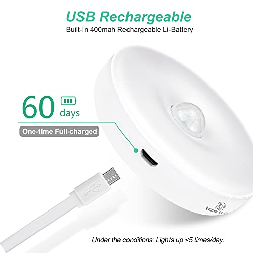 Luz Nocturna,ICEKO-KN 3-Pack Luces LED con Sensor Movimiento a Pilas, Luz Armario USB Recargable con 3 Modos, Luz LED Adhesiva para Armarios,Pasillo, Escalera, Sótano, Cocina.(Blanco)
