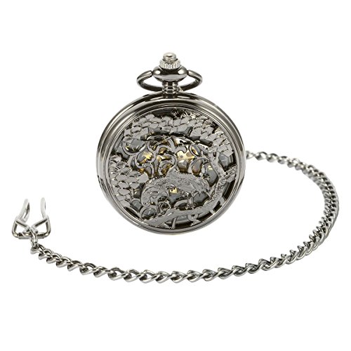 ManChDa Hueco de Grulla de cabeza roja Grúa de Manchuria Machanical automático Reloj de bolsillo Esqueleto Negro para los hombres Mujeres con cadena + Caja regalo