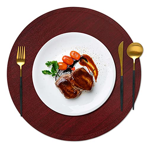 Manteles Individuales de PU Cuero, Juego de 6 Redondos Impermeable Antideslizante Lavables Salvamanteles para Restaurantes, Cafeterías, Hogares, Decoración de Cocina Rojo Oscuro