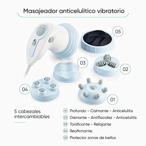 Masajeador eléctrico anticelulitico masajeadores pies | espalda | piernas | cervical | cuello Cinco cabezales + Efecto Calor por Infrarojos, anti-celulitis, flacidez y recuperación muscular
