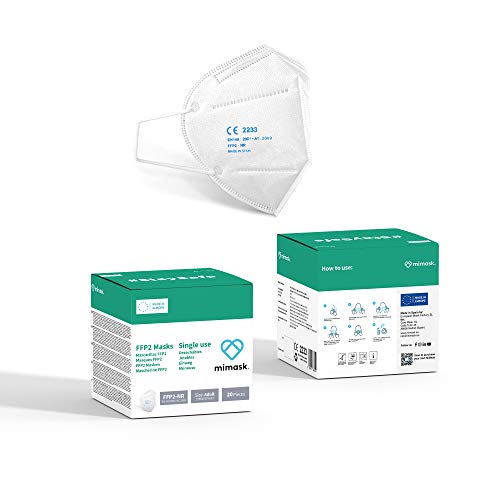 Mascarilla FFP2 MiMask, BLANCO, 20 uds, de 5 capas, hecha en España, marcado CE, norma UE EN149:2001+A1:2009