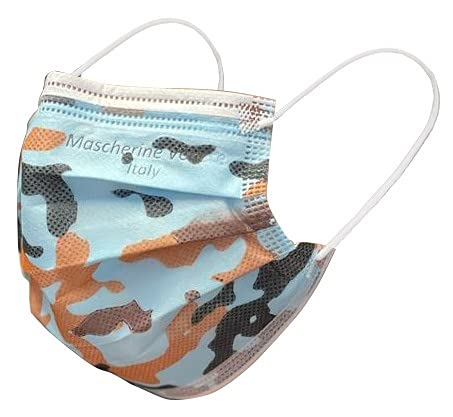MASCHERINE VENETE 100 mascarillas quirúrgicas empaquetadas en 10 paquetes de 10 mascarillas (Camuflaje azul claro)