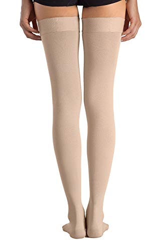 MD Medias de Compresión Opacas de Microfibra muslo alto, Soporte Firme de Punta Abierta 23-32 mmHg para Venas Varicosas, Edema, Venas Arácnidas NudeXL