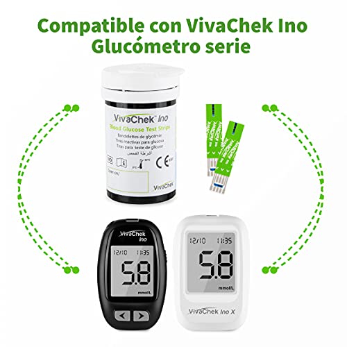 Medidor de glucosa en sangre tiras de prueba diabetes strips codefree tiras reactivas de glucosa en sangre 50 mg/dL para ES diabéticos para glucómetros VivaChek Ino e Ino X