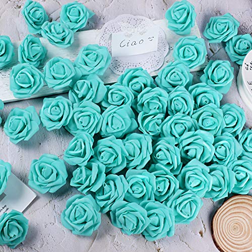 MEJOSER 50pcs Flores Rosas Artificiales en Espuma Cabezas de Rosa 7cm Rosas Falsas Decoración Boda Mesa Fiesta San Valentín Hogar Manualidades Oso Color Azul & Verde