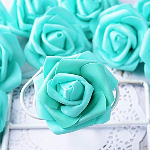 MEJOSER 50pcs Flores Rosas Artificiales en Espuma Cabezas de Rosa 7cm Rosas Falsas Decoración Boda Mesa Fiesta San Valentín Hogar Manualidades Oso Color Azul & Verde