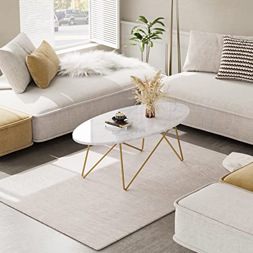 Mesa Centro Salón de Efecto Mármol Mesa Auxiliar Ovalada con Patas de Metal 120x60x41cm