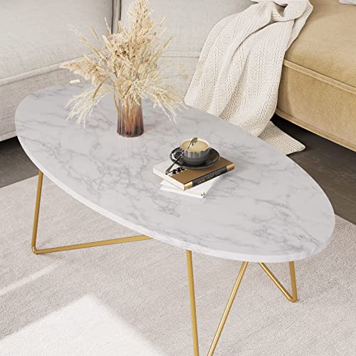 Mesa Centro Salón de Efecto Mármol Mesa Auxiliar Ovalada con Patas de Metal 120x60x41cm