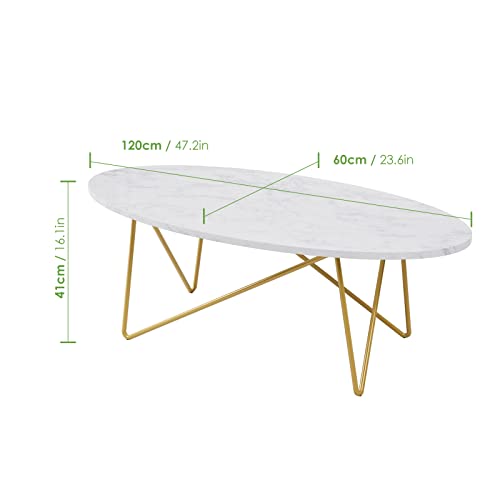 Mesa Centro Salón de Efecto Mármol Mesa Auxiliar Ovalada con Patas de Metal 120x60x41cm