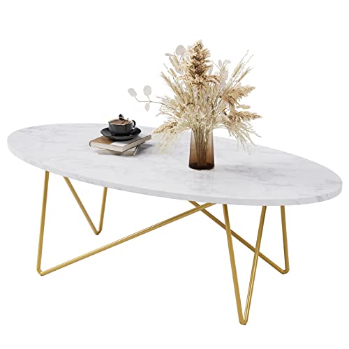 Mesa Centro Salón de Efecto Mármol Mesa Auxiliar Ovalada con Patas de Metal 120x60x41cm