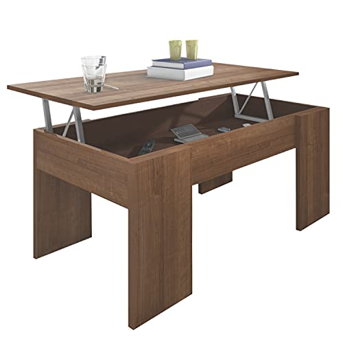 Mesa de Centro elevable, mesita de salón Comedor, Acabado en Nogal, Modelo Gala, Medidas: 90 cm (Largo) x 50 cm (Ancho) x 33,8/45,3 cm (Alto)