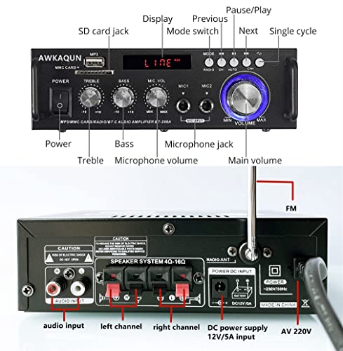 Mini Bluetooth Amplificador Audio, 600W HiFi de 2.0 Canales Audio Stereo Music Reproductor, SD Card/USB Input/ FM Radio, para PC, TV, Amplificador Coche, casa Altavoz, subwoofer BT 12v 220V (600W)