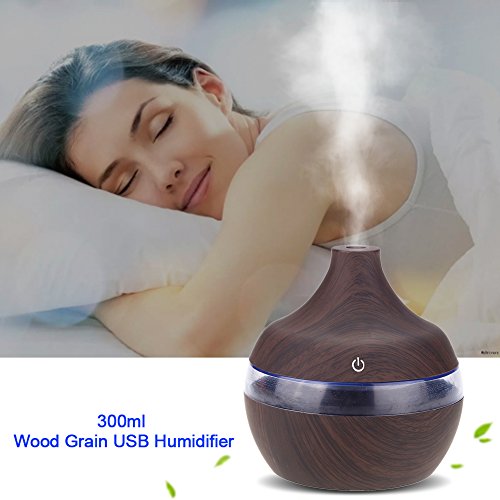 Mini humidificador USB, 300 ml de grano de madera Forma de gota de agua Humidificador LED colorido, función de apagado automático ultra silencioso e inteligente, para coche / hogar / oficina / dormito
