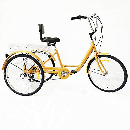 MINUS ONE Triciclo para adultos adultos triciclo bicicleta con 3 ruedas, bicicleta para personas mayores, 24 pulgadas, 6 marchas Shimano (amarillo sin luz)