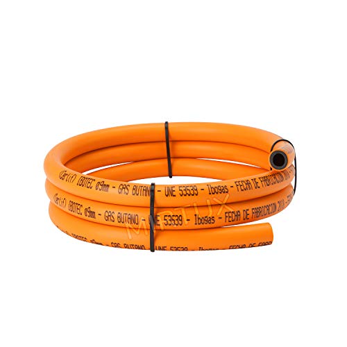 MIRTUX Kit de Conexión para Gas Butano o Propano: Regulador 30 mbar grs, Tubo Goma Naranja de 1,5 Metros y 2 Arandelas para Sujetar. Fácil instalación.